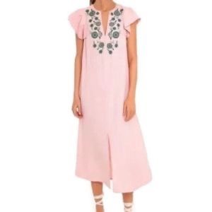 TUCKERNUCK Pomander Place Pink Embroidered Linen Caftan Midi Dress